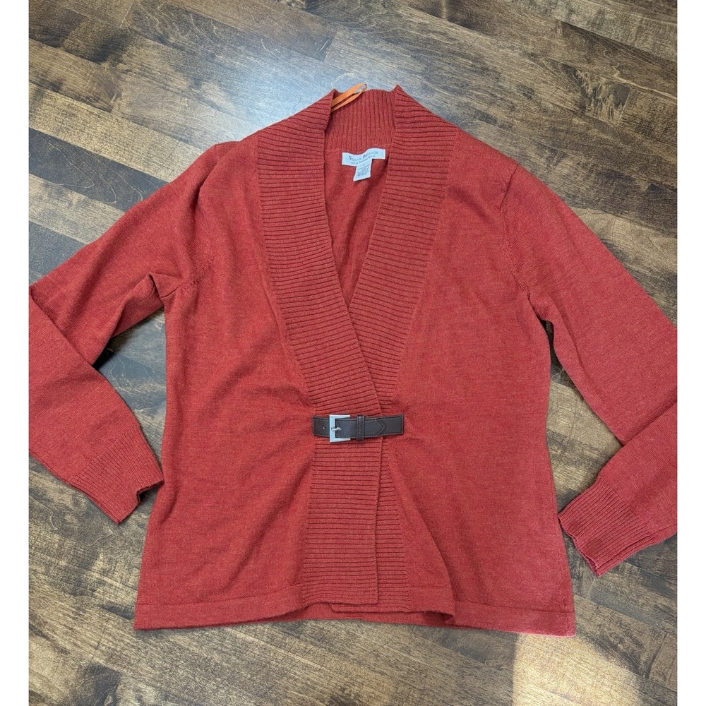 Susan Bristol 100% Merino Wool Burnt Orange Cardigan Belt Cozy Tailored Heritage